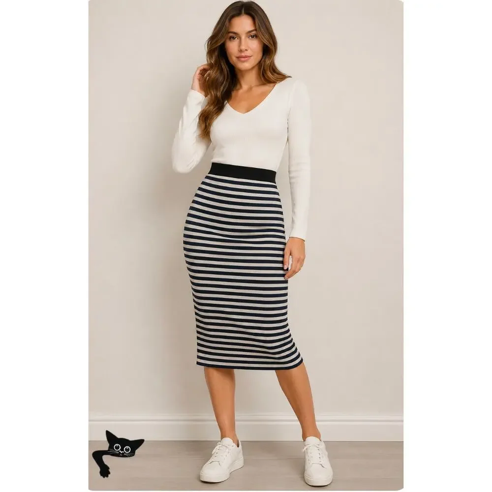 Michael Kors Black & White Striped Stretch Bodycon Tube Maxi Skirt XXS